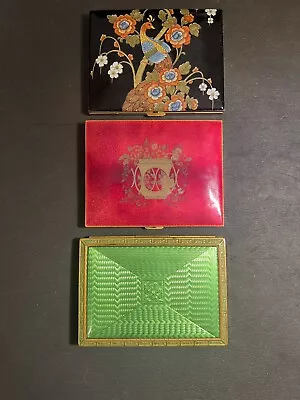 Enamel Guilloche Card Case Makeup Compact Lot Red Green Bird Vintage Antique • $24.50