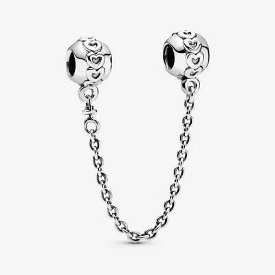 S925 Silver Plated Band Of Hearts Safety Chain Charm Q3 • £12.95