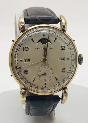 Antique Kingston Datofix Triple Date Moonphase Mechanical 17j Leather Watch RUNS • $999