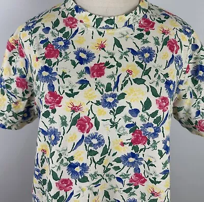 Vintage 90s Floral Print T-Shirt S Pastel Butter Yellow Blue Cornflower Rose • $24.99