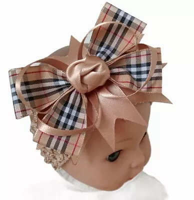 Headband Beige Tartan Ribbon Hair Bow Baby New Born UK Seller 🇬🇧 • £2.75