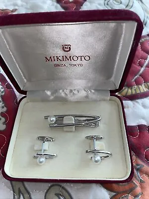 MIKIMOTO Silver Pearl Cufflinks Lapel Pin Vintage Brand New In Velvet Box • $160