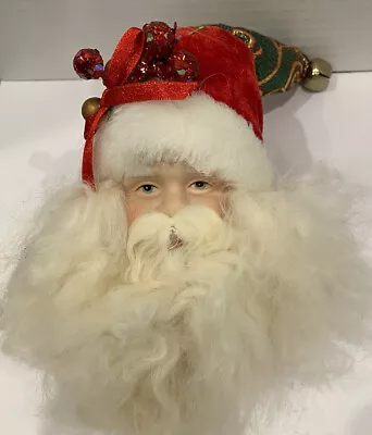 Vintage PORCELAIN Santa Head Christmas Ornament W Red Green Gold Hat Soft Beard • $11.99