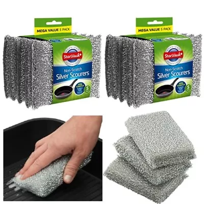 METALLIC Silver SCOURERS 10 Non-Scratch Non-Stick Pots Pan Dish Cleaner Cookware • £6.99