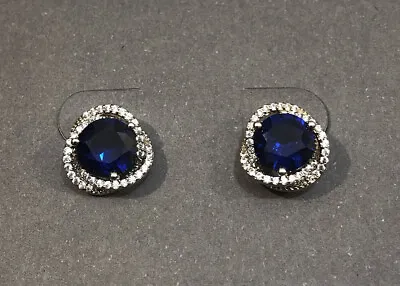 M&S New Platinum Plated Blue Stones & Cubic Zirconia Stud Earrings With Dust Bag • £6.99