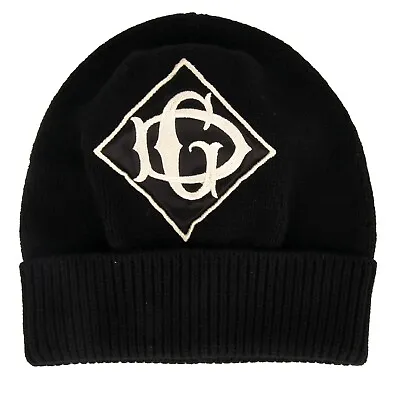 DOLCE & GABBANA DG Silk Embrodiery Logo Wool Hat Beanie Black White 13284 • £216