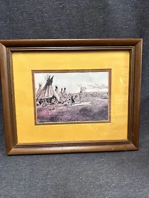 C M Charles Russell Signed Vintage Print Rustic Wood Matte Glass Frame 1970s • $39