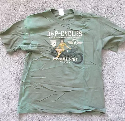 VTG NEW MEN LARGE T-SHIRT 2000s JP CYCLES WWII ERA THEME MOTORCYCLE HARLEY GREEN • $26.66