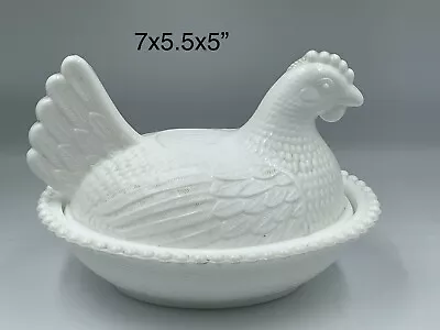 Vintage Indiana White Milk Glass Hen On Nest 7x5.5x5” Beaded Rim • $12.48