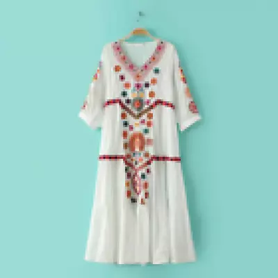 Hot Women Linen Long Boho Loose Dress Vintage Ethnic Mexican Embroidered Cotton • $29.99