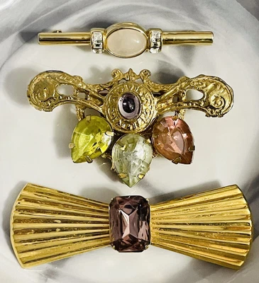 $9.99 • Buy Vintage Jewelry Lot Of Victorian Rhinestone And Cabochon Pins, Gold Tone