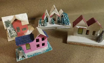 4 Vintage Christmas Village Cardboard Glitter Mica Houses Japan USA • $39.99