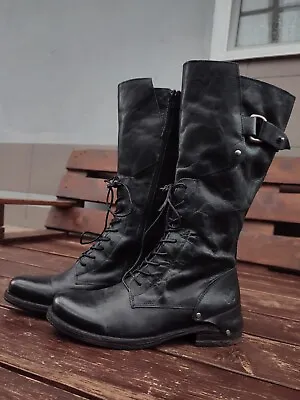 Felmini Black Leather Combat Knee High Boots Zip LaceUp US 7 E 38 Biker Military • $95