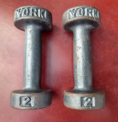 Vintage Set Of 2 York 2 Lb Round Head Dumbbell Cast Iron Weight With Labels • $44.44