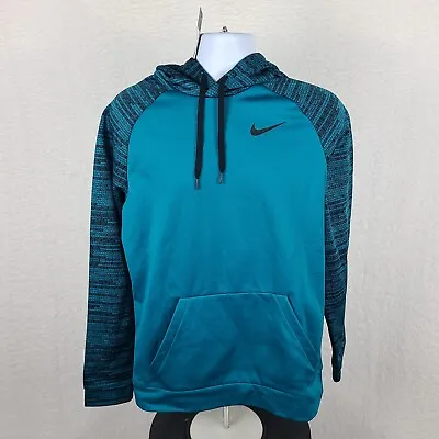 Nike Sweater Men Medium Teal Blue Therma Dri Fit Spell Out Hoodie Activewear • $33.99