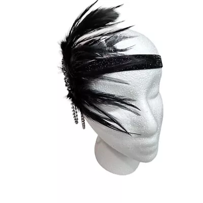 Flappers Style Black Rhinestone Feathered Headband Art Deco Style One Size Adult • $19