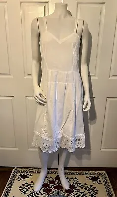 Vintage Antique Handmade White Cotton Slip Nightgown Undergarment Eyelet Hem M • $32