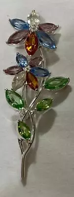 Vintage Signed Monet Pastel Rhinestone Double Flower Brooch Pin Silver Tone • $19.95