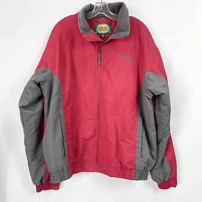 Cabelas Mens Large Jacket Full Zip Red Gray Fleece Lined Outdoor Mid Weight Coat • $20.99