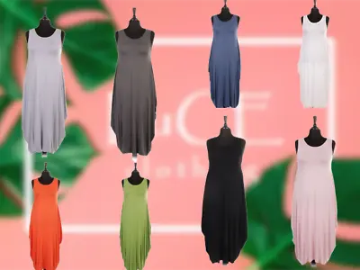NEW Ladies Italian Plain SLEEVELESS DRESS Womens Lagenlook Dress Plus Sizes • £21.99
