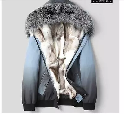 Mens Real Fox Fur Lined Parka Coats Furry Thicken Hooded Business Outwear Winter • $251.78