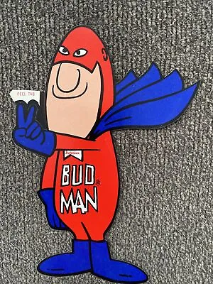 Vintage BUD MAN Budweiser Beer Sticker Decal Cape Peace Sign Red Blue • $8.77