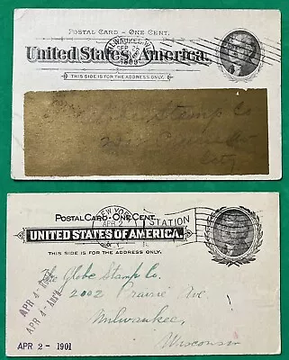 POSTAL CARD-ONE CENT ~ Globe Stamp Co Milwaukee ~ 2 Postcards ~ 1899 & 1901 • $4.99