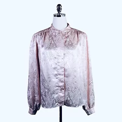 Prophecy Vintage Blouse Womens 14 Pink Paisley Damask Satin Secretary Geek ￼￼Top • $30.40