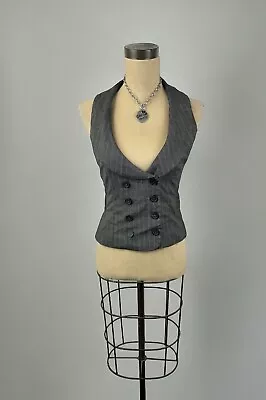 Gray Striped Button Vest Crop Classic Y2K Punk Rock Goth Steampunk Career 90s S • $28.99