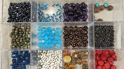 Small Lot Of Beads Assorted Sizes Shapes Colors Materials In Plastic Box • $6.99
