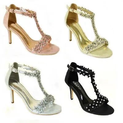 £14.99 • Buy Womens Ladies Mid Heel Diamante Bridal Wedding Sandals Flower Party Shoes Size