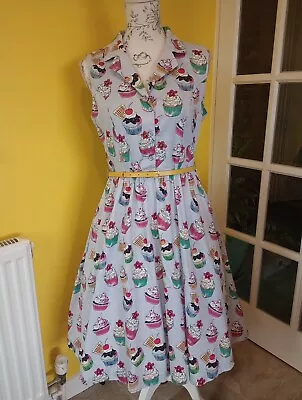 Lindy Bop Matilda Blue Cupcake Print Swing Dress Size 12-14 • £24