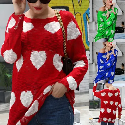 $30.44 • Buy Womens Baggy Knit Heart Print Sweater Jumper Ladies Off Shoulder Pullover Tops