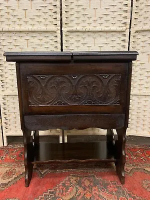 Antique Carved Oak Table   Sewing Box With Sliding Top And Drawer • £100