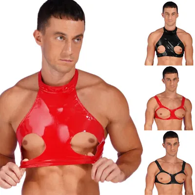 US Men's Pantent Leather Cut Out Crop Tank Top Sissy Shiny Backless Bra Clubwear • $7.51