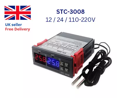 STC-3008 12V/24V 110V-220V Digital Temperature Controller Thermostat+NTC Sensor • £8.99