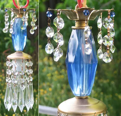 Vintage Lucite Sapphire Blue Swag Lamp Chandelier Crystal Prism Glass Beads • $87