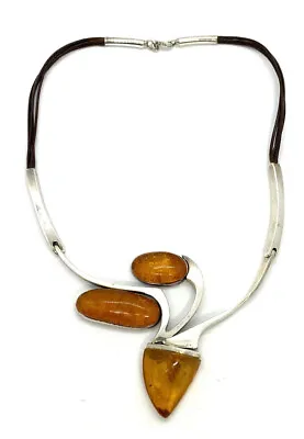 Vintage Modern Signed MM Sterling Silver Natural Amber Leather Necklace 15.1/2” • $69