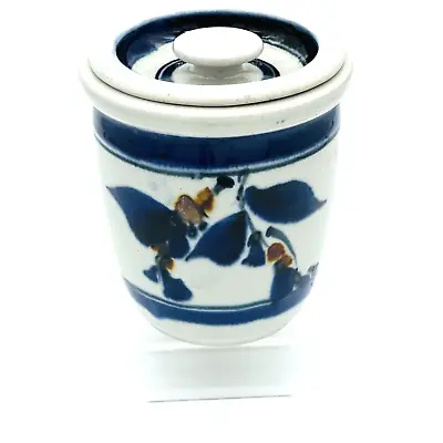 Salt Glaze Stoneware Crock With Lid Seal Blue Brown Design Artist Signed • $29.80