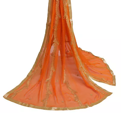 Sushila Vintage Orange Dupatta Pure Chiffon Silk Embroidered Long Stole Hijab • $27.99