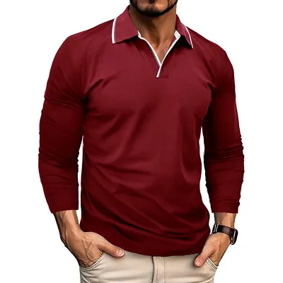 Men Fitted Long Sleeve V-Neck Basic T-Shirt Shirt Lapel Regular Long Sleeve Tops • $22.30