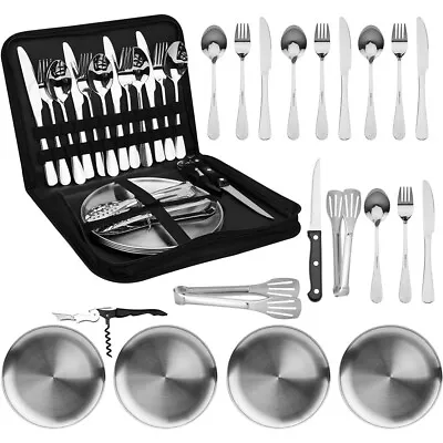 Camping Picnic Party Cutlery Set In Wallet 4 Person Stainless Steel Camper W/Bag • £20.89