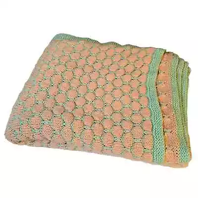 Hand Knit Blanket Afghan Throw Retro Honeycomb Pastel Pink Mint Green 81x63 In  • $20