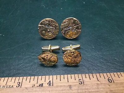 2 Pairs Of Vintage Cufflinks Watch Mechanism Parts Gold Tone Mechanical Movement • $24