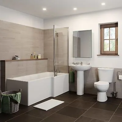 Bathroom Suite Close Coupled Toilet Basin Pedestal L Shaped RH Showerbath Screen • £465.50