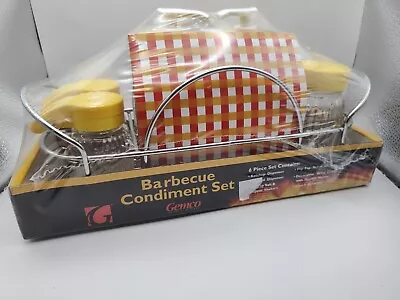 Vintage Gemco Barbeque Yellow Top Glass Condiment Set Unopened!!  HTF • $32