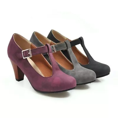 Ladies Block High Heels T Strap Round Toe Shoes Retro Mary Jane Pumps Party • $46.81