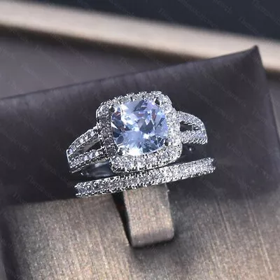 3.34TCW Cushion Moissanite Bridal Set Engagement Ring In 14k White Gold Plated • $153.34