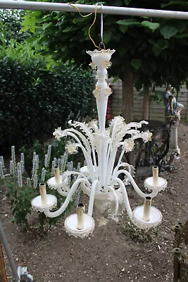 Murano Hand Blown Glass 6 Arms Chandelier White Gold Accent 1970s • $1225