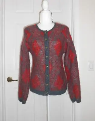 Dama Italy Cardigan 44 IT 8 US Gray Red Kid Mohair Blend Long Sleeves Vintage • $24.99